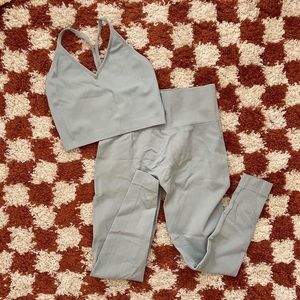 set active baby blue ribbed leggings and top set